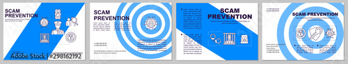 Scam prevention blue brochure template. Fraud protection flyer, booklet, leaflet design with linear illustrations. Stopping illegal actions. Vector page layouts for magazines, advertising posters