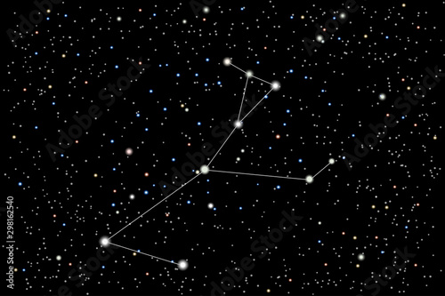 Vector illustration of the constellation  Monoceros (Unicorn) on a starry black sky background. The astronomical cluster of stars in the constellation on the celestial equator. 
