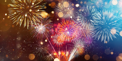 Colorful firework with bokeh background. New Year celebration, Abstract holiday background