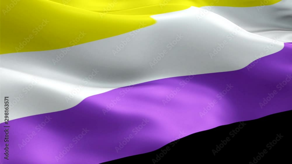 Nonbinary Flag Rainbow waving. 3d Non binary Pride Symbol flag waving Isolated. Sign of Rainbow seamless loop animation. Nonbinary flag HD resolution Background. Enby rights Rainbow Pride Flag LGBT 10
