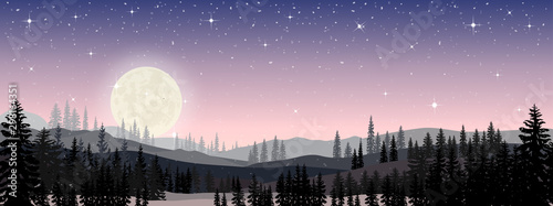 Panorama landscape of starry night with full behind mountain and pine tree, Panoramic the full moon rising with stars in Winter night forest, Background for Merry Christmas and Happy New Year
