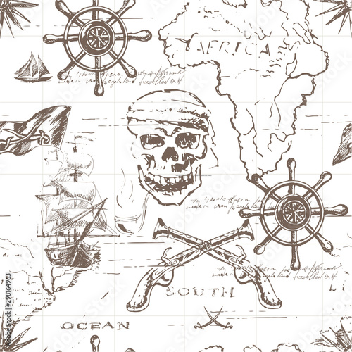 Vector abstract seamless background on the theme of travel, adventure and discovery. Old hand drawn map with vintage sailing yachts, wind rose, routs, nautical symbols and handwritten inscriptions