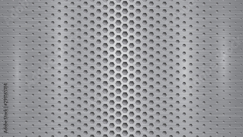 Abstract metal background with hexagonal holes in gray colors
