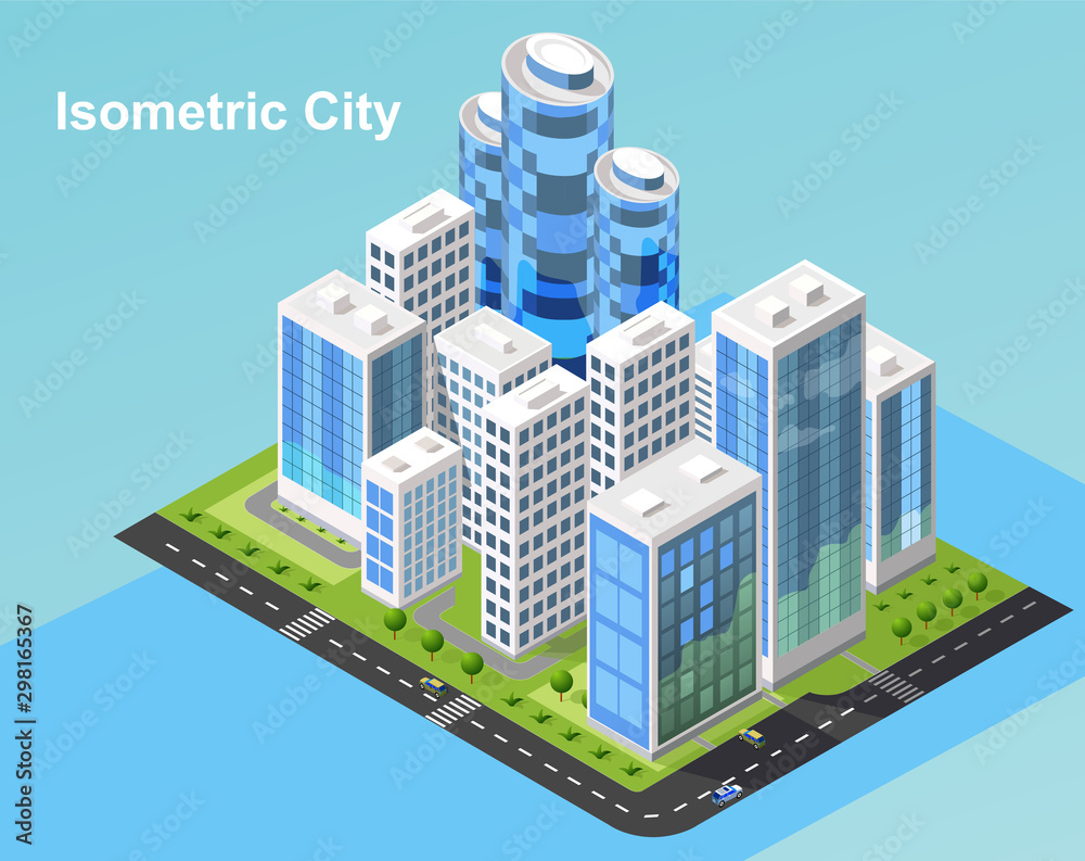 Isometric urban megalopolis top view of the city infrastructure town, street, houses, architecture 3d elements different buildings. Vector office and metropolis concept.