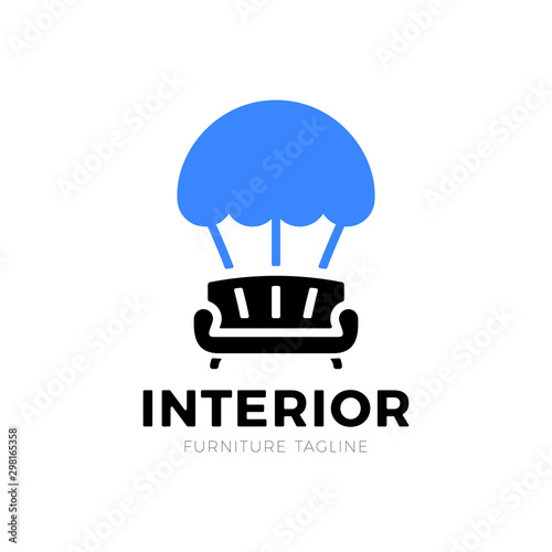 Interior sofa and parachute furniture business sign vector template for delivery or logistic furniture store, home decor boutique design template. vector illustration