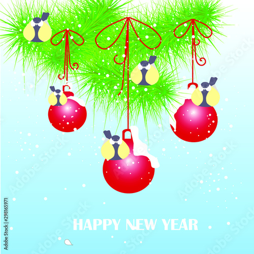 Tits sit on Christmas balls on fir tree branch on blue background, Happy New Year art design stock vector illustration for web, for print, for congratulation card