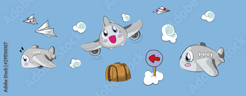 Pack airplane cartoon character cartoon style.