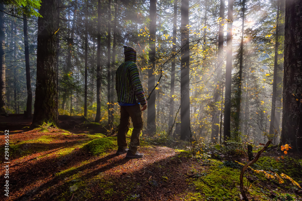Obraz premium Adventure Man enjoying the Beautiful Canadian Nature View of the Forest during a foggy morning sunrise. Taken in Sloquet Hot Springs, Located North of Vancouver, British Columbia, Canada.