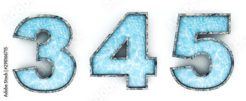 Water numbers 3, 4, 5. Typeface 3d render. Alphabet pool. Path save.