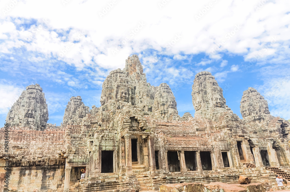 Angkor Wat temple complex in Cambodia low angle view with blue sky