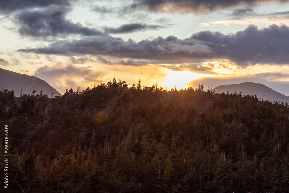 Beautiful View of American Landscape on the Ocean Coast during a dramatic stormy sunset. Taken in Ketchikan, Alaska, United States.