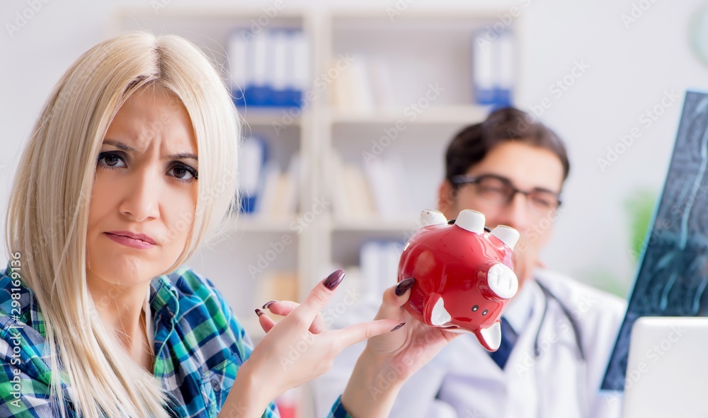 Concept of expensive healthcare with woman visiting male doctor Concept of expensive healthcare with woman visiting male doctor