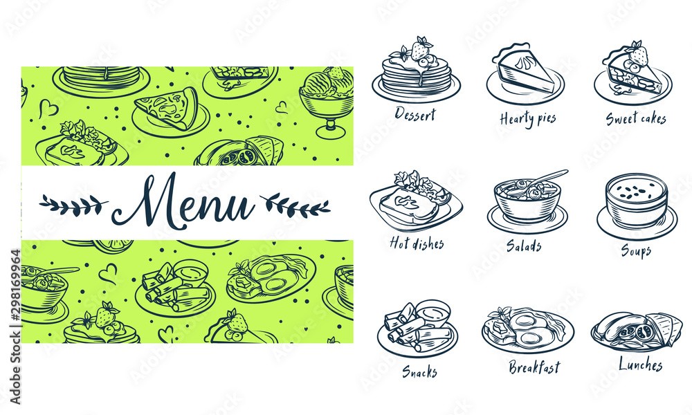 Drawn sketches of food and drinks. Icons and symbols can be used on the website or in the restaurant menu, illustrations for recipes or price pages, Menu food icons handmade chalk on a blackboard Drawn sketches of food and drinks. Icons and symbols can be used on the website or in the restaurant menu, illustrations for recipes or price pages, Menu food icons handmade chalk on a blackboard