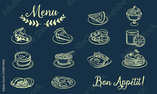 Drawn sketches of food and drinks. Icons and symbols can be used on the website or in the restaurant menu, illustrations for recipes or price pages, Menu food icons handmade chalk on a blackboard