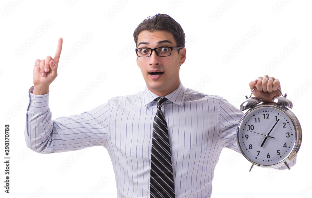 Young businessman in time management concept on white background Young businessman in time management concept on white background