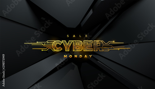 Cyber Monday Sale event. Online retail promotional sign. Vector technology illustration. Futuristic design. Golden label with circuit board texture on black fractured background. E-commerce concept