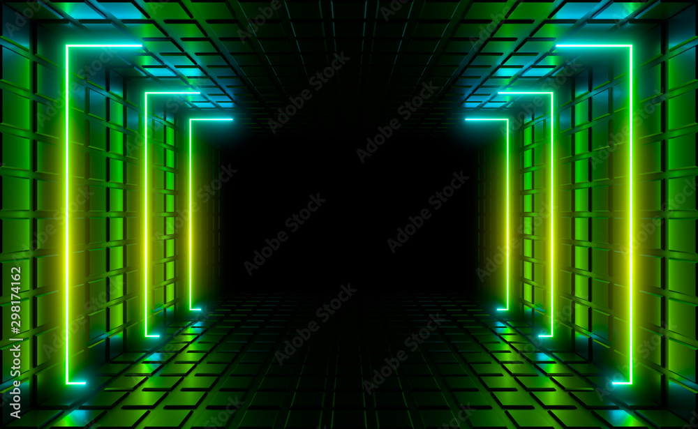 Multicolored neon lamps in a dark tunnel. Reflections on the walls. Multicolored neon lamps in a dark tunnel. Reflections on the walls.