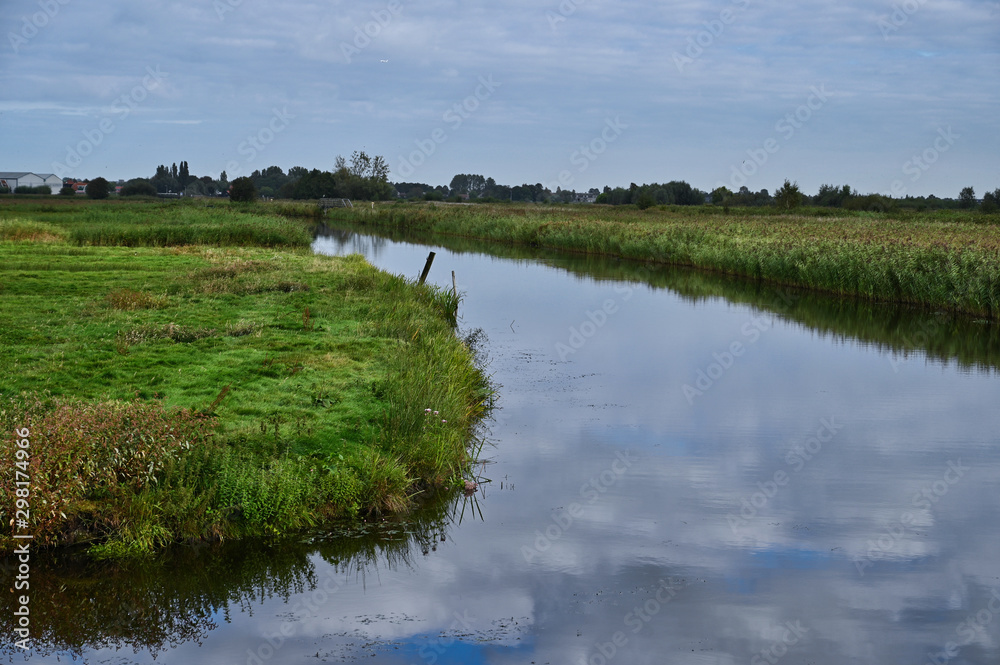 Canal Curving Through Marshland in Autumn with Forest in Distance and Cloud Reflection near Amsterdam
