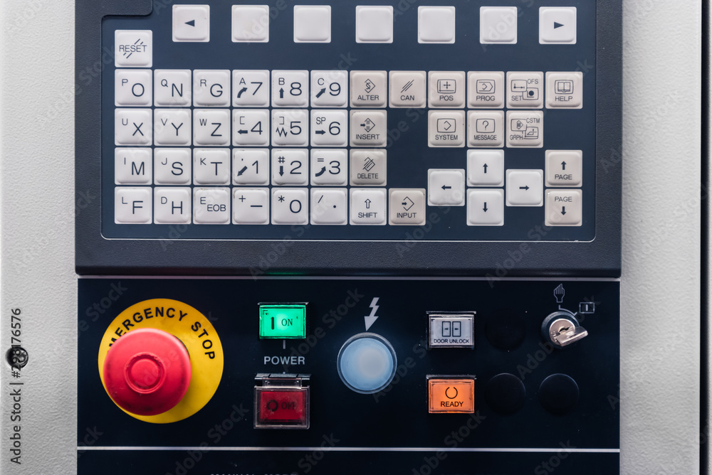 Many kind of switch and turn dials of control panel for adjust parameter cnc lath machine at factory. Many kind of switch and turn dials of control panel for adjust parameter cnc lath machine at factory.