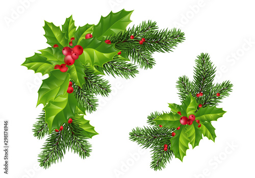 Christmas arrangement of fir branches, holly leaves and red berries. Festive decoration in realistic style. Isolated