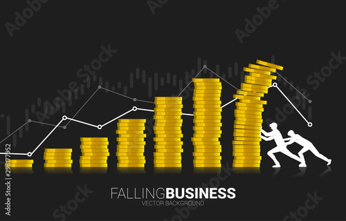 Two businessmen try to recover collapse falling graph stack of coins. Concept of decline and falling economic and business value.