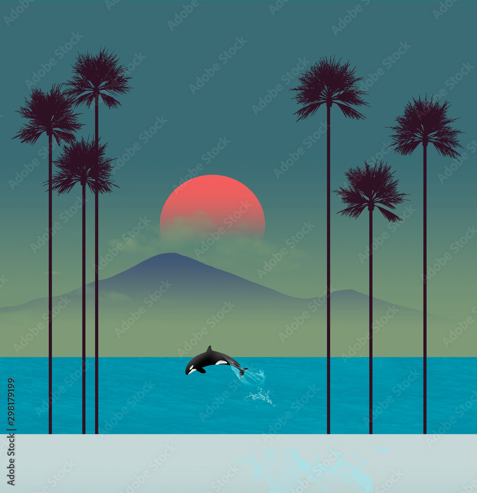 A tropical beach scene at sunset features palm trees and a leaping orca (killer whale). - obrazy, fototapety, plakaty 