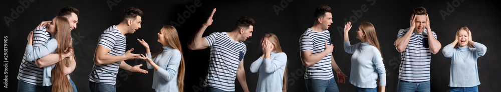Fototapeta premium Collage with happy and quarreling couple on dark background