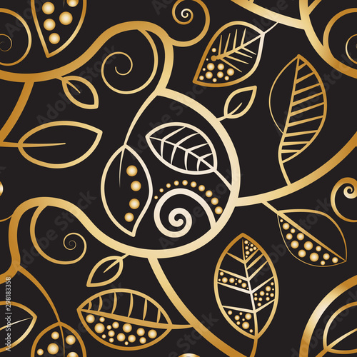 gold elegant seamless floral and flourish pattern tile with stylized leaves, swirls and flourish elements. for celebration occasions, cards, invitation, fabric, textile, backgrounds and backdrops. 