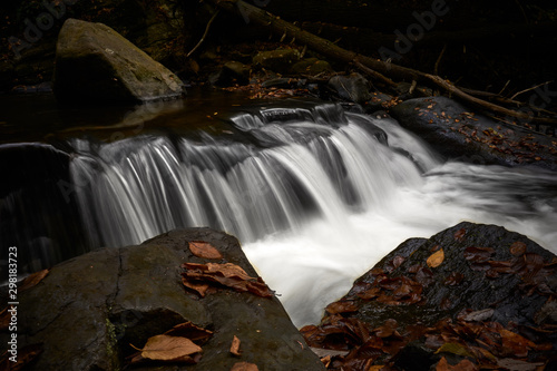Long exposure shot of a mini waterfall in fall