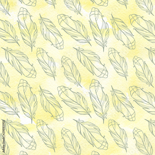 Seamless pattern with hand drawn feathers with watercolor splatters.
