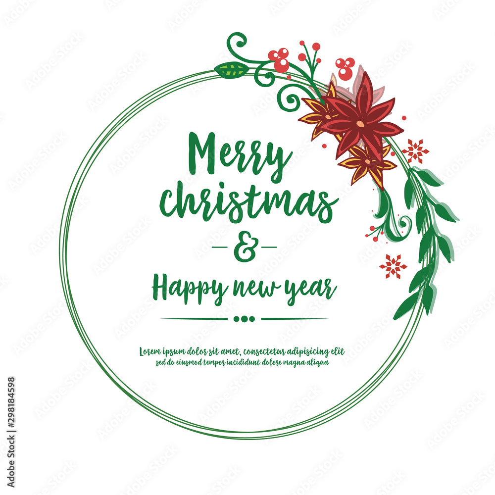 Celebration text of merry christmas and happy new year, with modern red flower frame. Vector