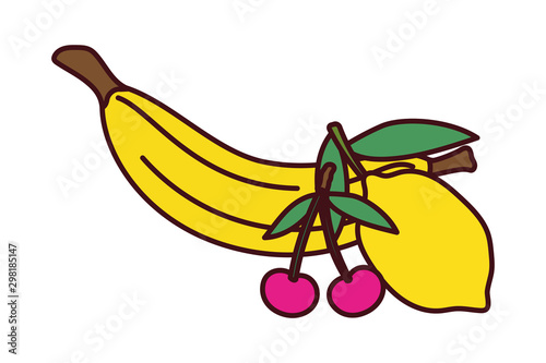 fresh fruit banana with mango and cherries pop art style