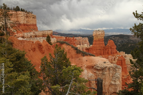Stormy view of orange rock hoodoos from Aqua Canyon Viewpoint in Bryce Canyon National Park, Utah