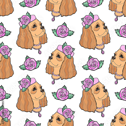 Cute Blenheim Cavalier King Charles Spaniel Head Pattern Cartoon Vector Illustration