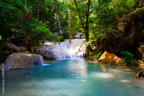 Erawan Waterfall with emerald water and natural