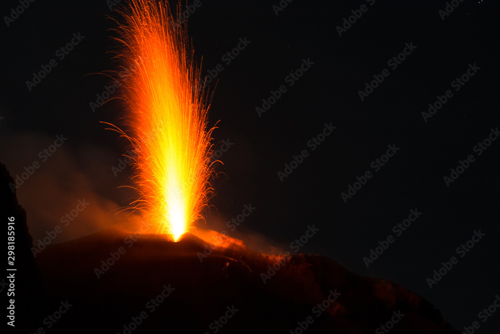 Burst of lava out of Stromboli volcano crater