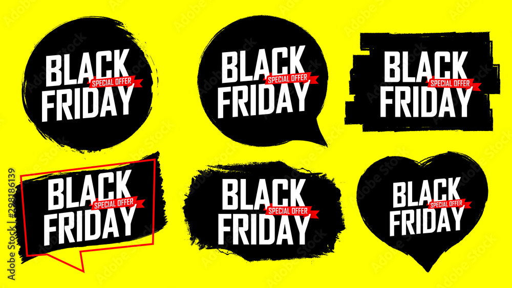 Set Black Friday Sale banners design template, discount tags, grunge brush, special offers, vector illustration