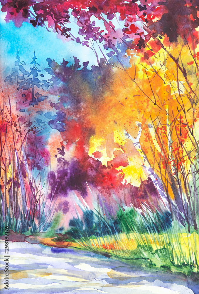 Watercolor illustration of a beautiful bright fall forest landscape