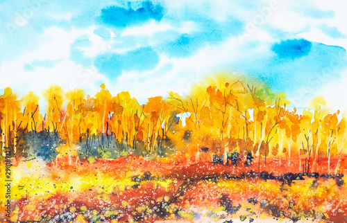 Watercolor illustration of a beautiful bright fall forest landscape © Marina