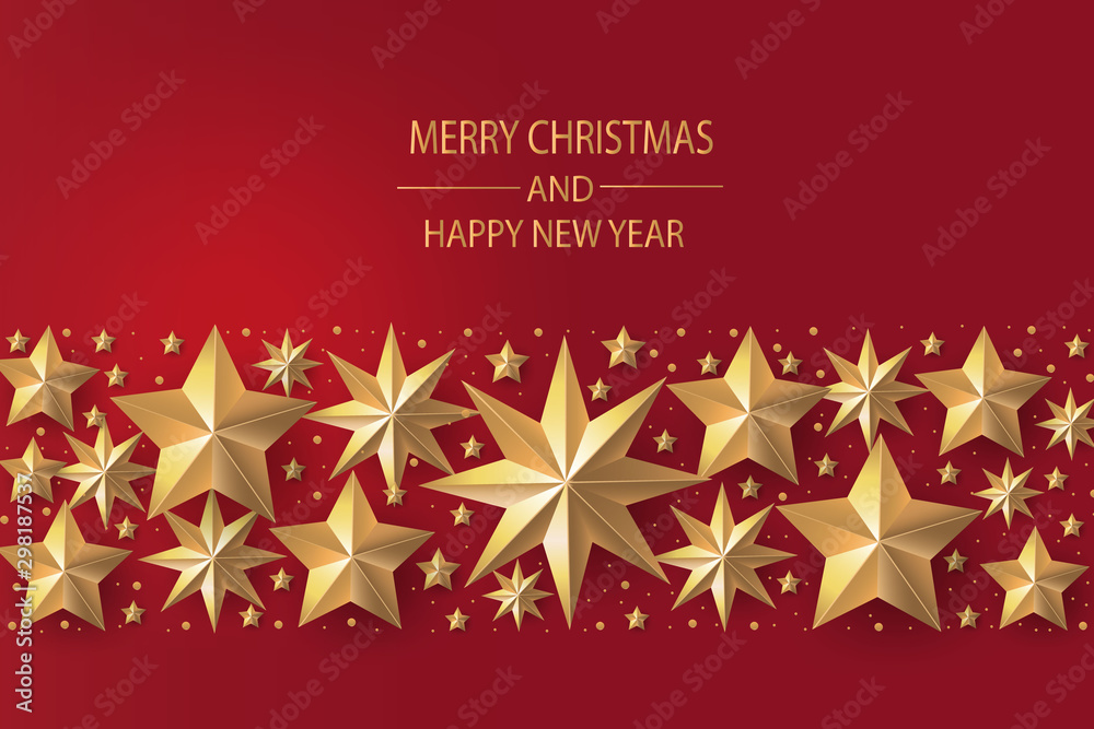 Merry Christmas and Happy New Year. Christmas greeting card red background with gold stars.