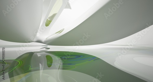 Abstract smooth architectural white interior with color gradient glass sculpture with water and large windows. 3D illustration and rendering.