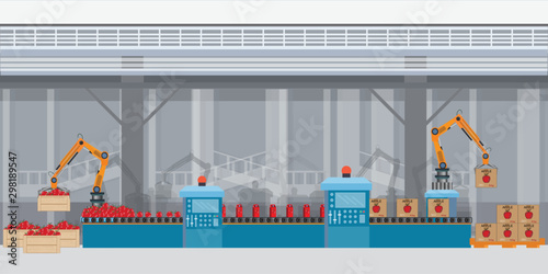 Factory packing conveyor apple juice of a box.