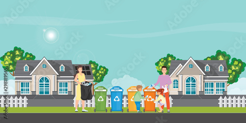 Family sorting garbage into garbage collector .