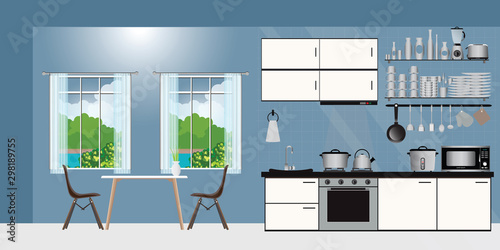 Kitchen interior with furniture.