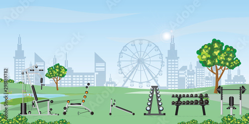Outdoor workout gym equipment and trainer machine in public park.