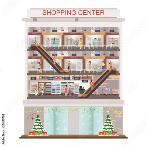 Modern shopping mall center decorated for christmas and new year holiday.