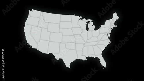 Map of United States of America showing different states. Animated usa contiguous lower 48 u.s. state map on an isolated black background for lighten overlay. 4K animation