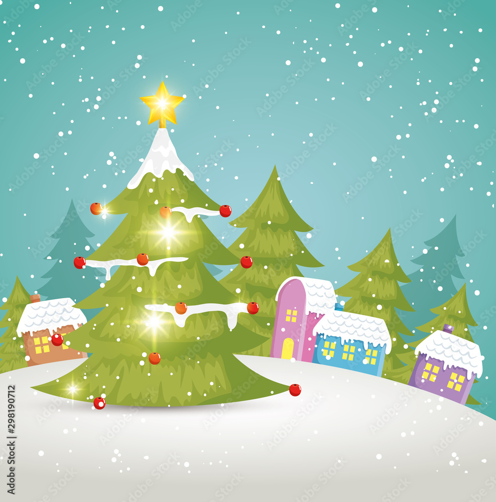 pine trees with houses in winter landscape vector illustration design pine trees with houses in winter landscape vector illustration design