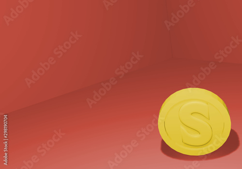 3d one yellow gold coin in red room corner red background with chadow . 3D render photo