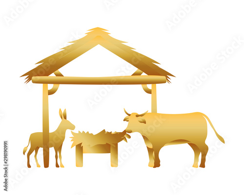 golden manger ox and mule with cradle in wooden stable